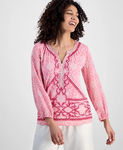 Jm Collection Petite Embellished Knit Chiffon-Sleeve Top, Exclusively at Macy's