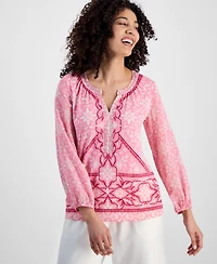 Jm Collection Petite Embellished Knit Chiffon-Sleeve Top, Exclusively at Macy's