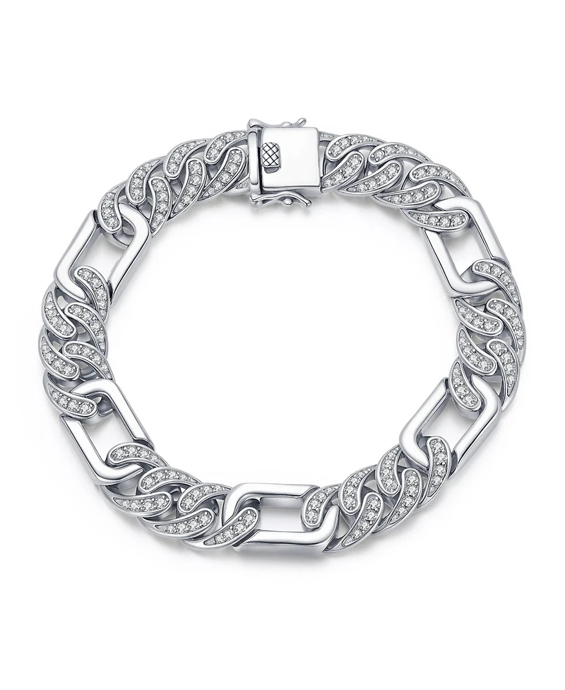 Men's Sterling Silver White Gold Plated with Iced Out Cubic Zirconia Oblong Curb Chain Bracelet