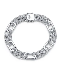 Men's Sterling Silver White Gold Plated with Iced Out Cubic Zirconia Oblong Curb Chain Bracelet
