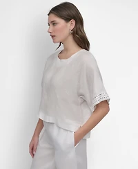Dkny Women's Cropped Short-Sleeve Studded Linen Top