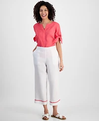 Charter Club Petite 100% Linen Embroidered Cropped Pants, Exclusively at Macy's