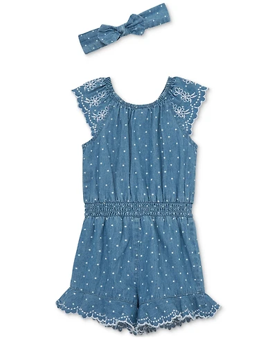 Little Me Baby Girls 2-Pc. Chambray Dot Romper & Headband Set
