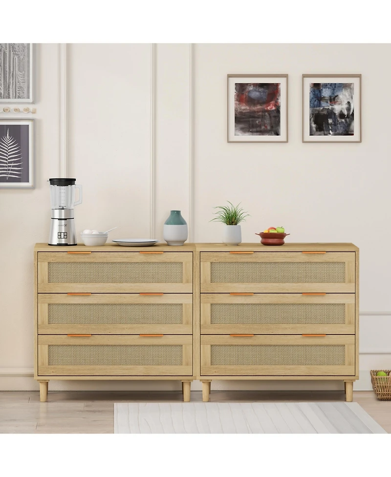 31.50"3-Drawers Rattan Storage Cabinet Rattan Drawer (Set of 2),for Bedroom,Living Room,Dining Room,Hallways,Oak