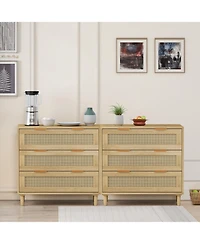31.50"3-Drawers Rattan Storage Cabinet Rattan Drawer (Set of 2),for Bedroom,Living Room,Dining Room,Hallways,Oak