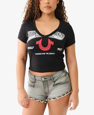 True Religion Women's Crystal Logo V-Neck Baby T-Shirt