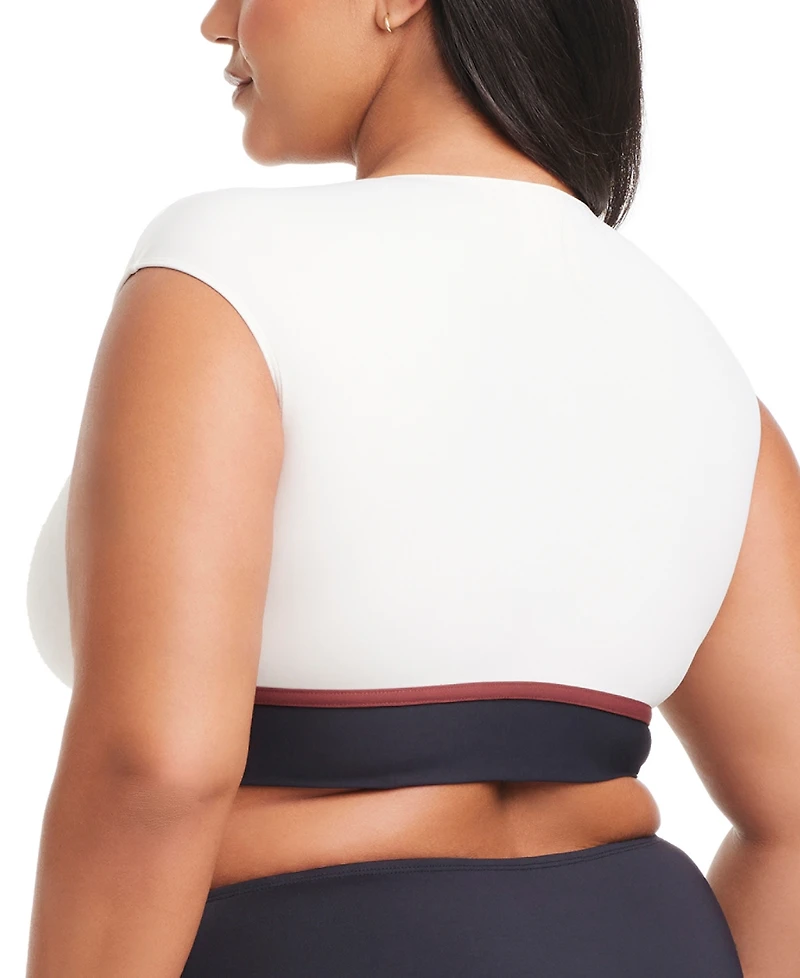 Bleu by Rod Beattie Plus Button-Down Cap-Sleeve Cropped Swim Top