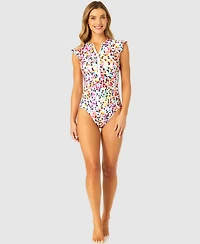 Anne Cole Women's Abstract Dot Flutter-Sleeve Zip-Front One-Piece Swimsuit