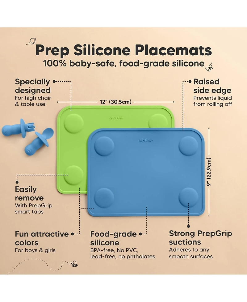 KeaBabies 2-Pack Prep Silicone Placemats for Toddlers, Kids, Non Slip Suction Dining Table Baby Placemat, Easy to Clean