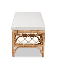 bali & pari 48" Upholstered and Natural Rattan Orchard Modern Bohemian Accent Bench
