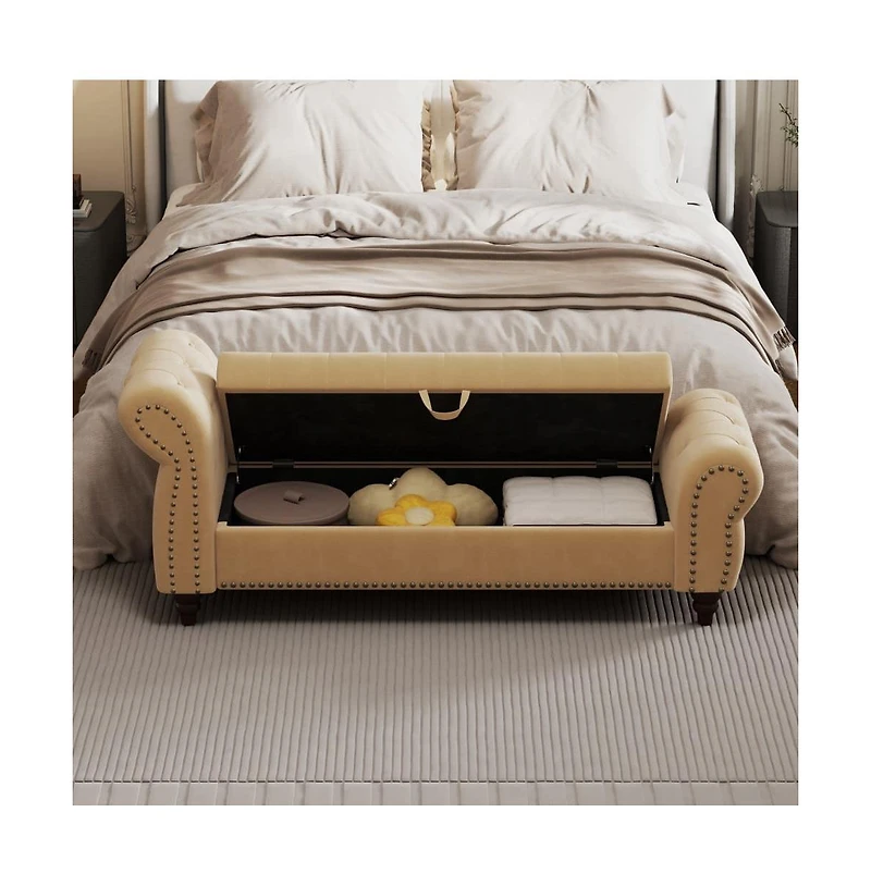 64.5 Inch Velvet Upholstered Storage Bench, Tufted Bed Bench with Nailhead Trim for Bedroom-The Pop Home