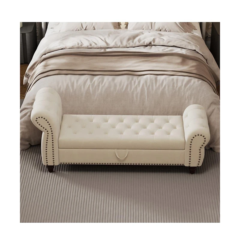64.5 Inch Velvet Upholstered Storage Bench, Tufted Bed Bench with Nailhead Trim for Bedroom-The Pop Home