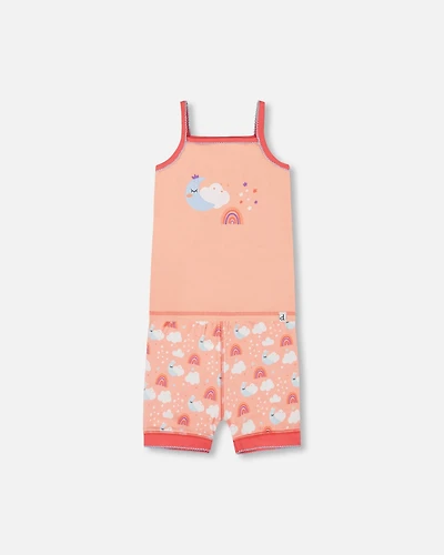 Deux par Toddler Girls Cotton Tank Top And Shorts Pajama Set Rainbow On Light Coral - Toddler|Child