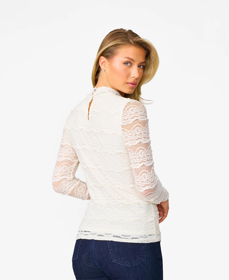 Cable & Gauge Women's Ruffle Lace Stretch Mock Neck Top