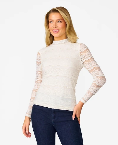 Cable & Gauge Women's Ruffle Lace Stretch Mock Neck Top
