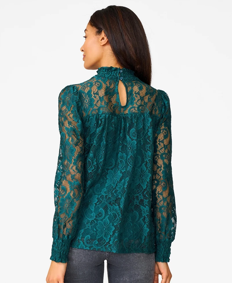 Cable & Gauge Women's Smocked Mock Neck Lace Top