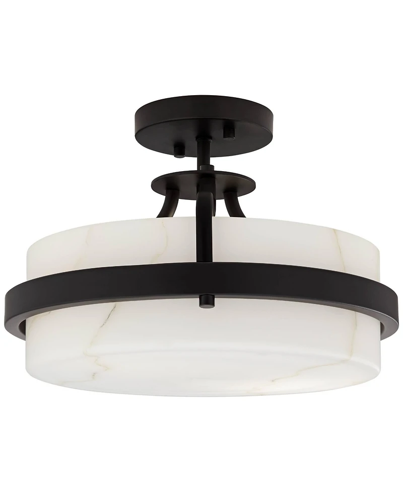 Bregman 13" Modern Semi Flush-Mount Ceiling Light Fixture Kitchen Foyer Hallway Drum Round Black Finish White Stone Glass Metal Bedroom Bathroom