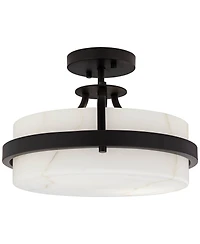 Bregman 13" Modern Semi Flush-Mount Ceiling Light Fixture Kitchen Foyer Hallway Drum Round Black Finish White Stone Glass Metal Bedroom Bathroom