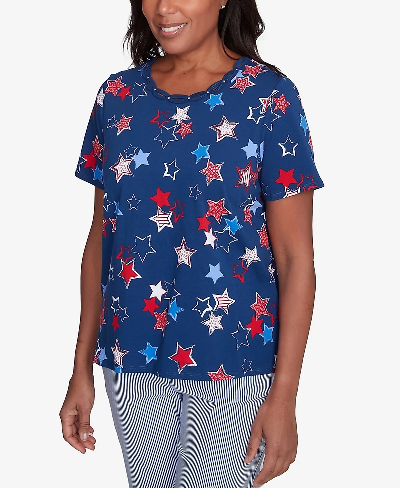Alfred Dunner Women's Crew Neck Star Studded Top