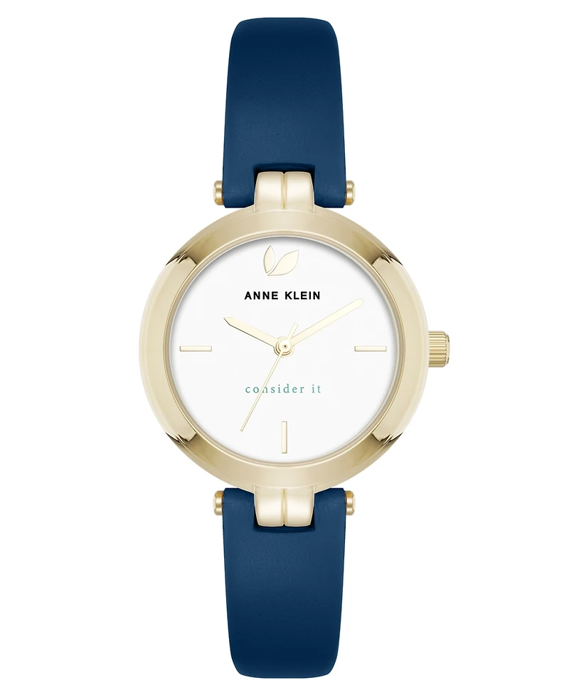 Anne Klein Women's Quartz Round Blue Leather and Gold-Tone Metal Alloy Strap Watch, 32mm