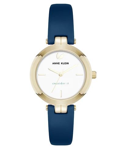 Anne Klein Women's Quartz Round Blue Leather and Gold-Tone Metal Alloy Strap Watch, 32mm