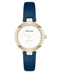 Anne Klein Women's Quartz Round Blue Leather and Gold-Tone Metal Alloy Strap Watch, 32mm