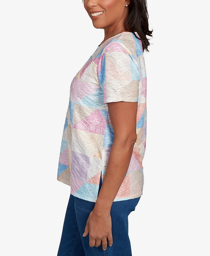Alfred Dunner Women's Keyhole Geometric Patchwork Top