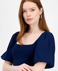 T Tahari Women's Mixed-Media Square-Neck Puff-Sleeve Top