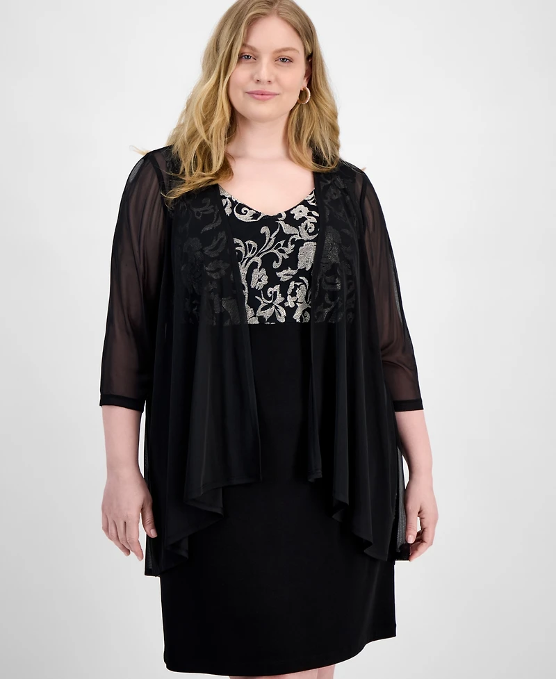 Connected Plus Size Metallic Embroidered Dress & Mock Jacket