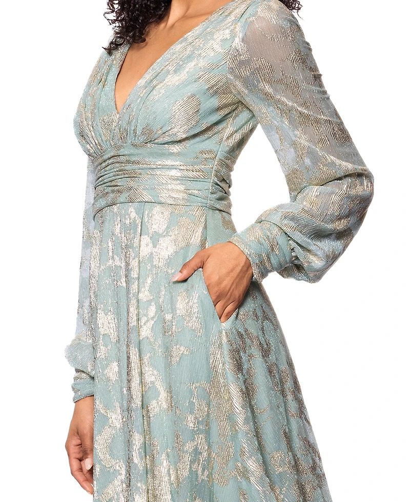 Betsy & Adam Women's Metallic V-Neck Ruched-Waist Gown
