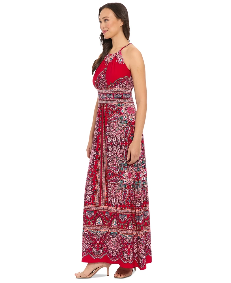 London Times Petite Paisley-Print Halter Maxi Dress