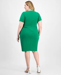 Tahari Plus V-Neck Twist-Detail Short-Sleeve Sheath Dress