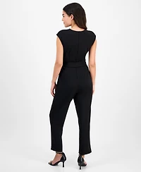 Ak Anne Klein Petite V-Neck Belted Crepe Jumpsuit