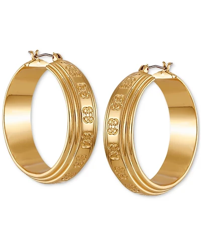 Guess Gold-Tone Medium Textured Logo Hoop Earrings, 2"
