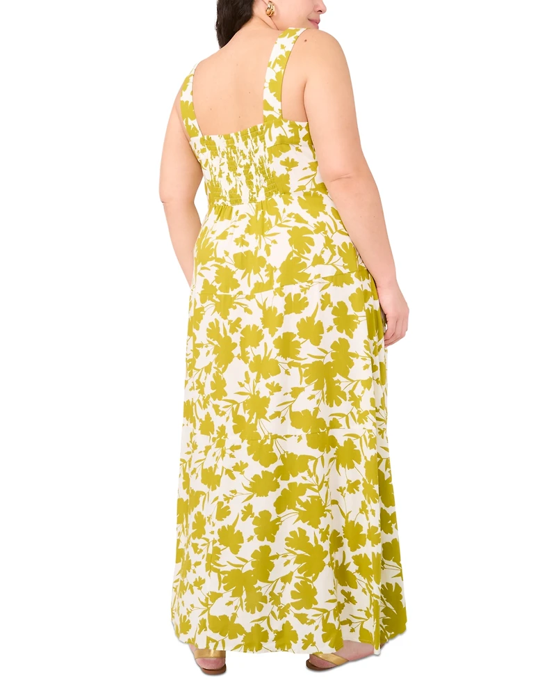 Vince Camuto Plus Size Printed Square-Neck Smocked-Back Sleeveless Maxi Dress