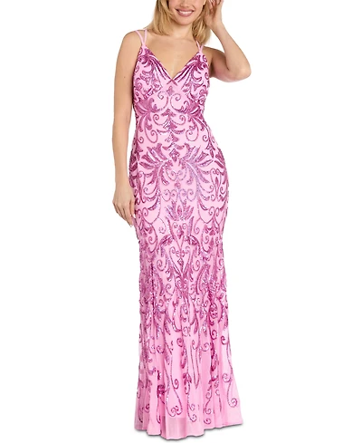 Morgan & Company Juniors' Strappy V-Neck Sequined Gown