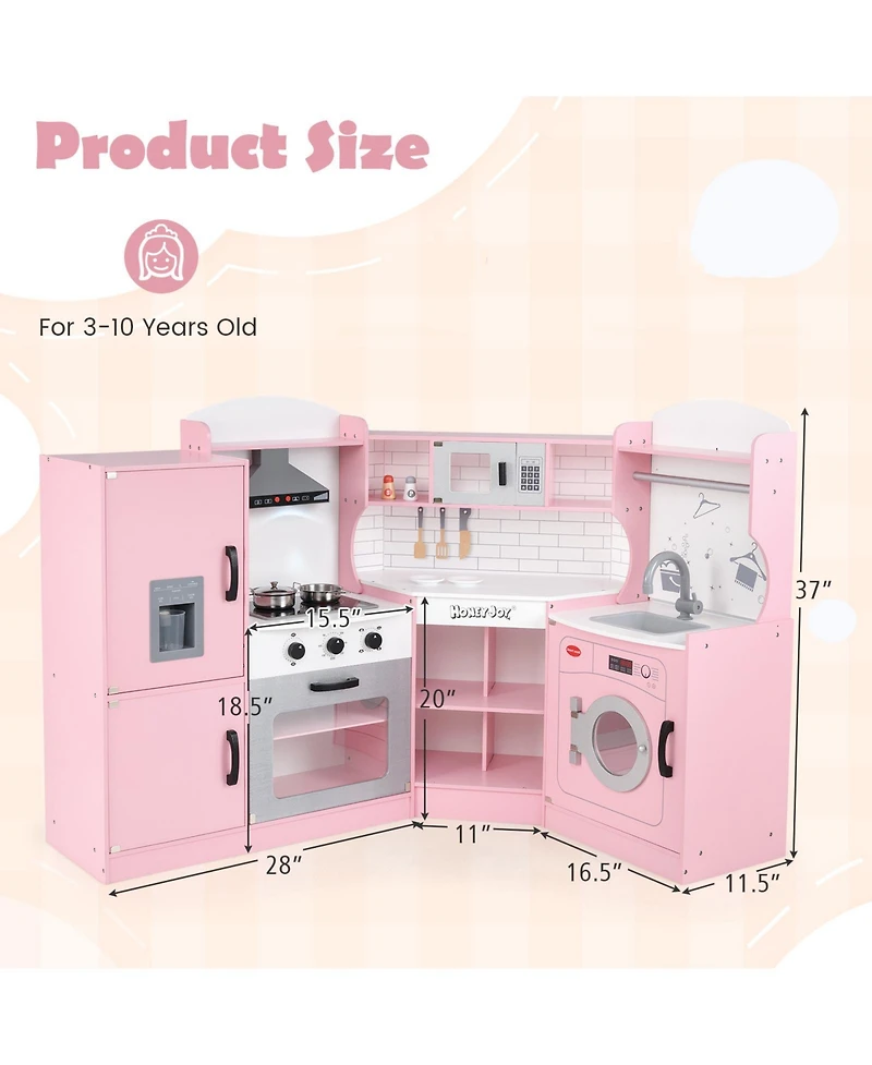 Corner Play Kitchen Toddler Kitchen Playset with Range Hood, Ice Maker, Microwave