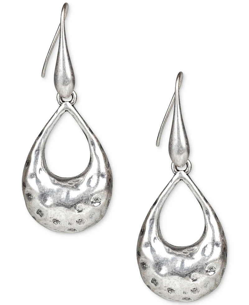Guess Silver-Tone Open Tear-Shape Hammered Drop Earrings