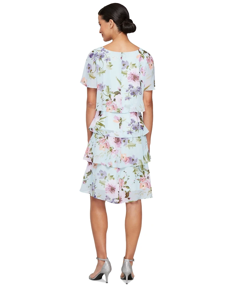 Sl Fashions Women's Floral Ruffle-Tiered Flutter-Sleeve Dress