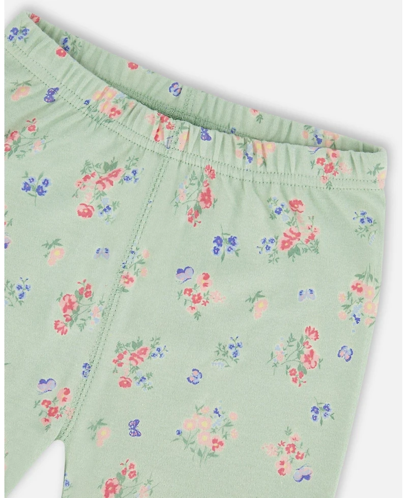Deux par Deux Toddler Girls Cotton Two-Piece Short Pajama Set Small Pink And Blue Flowers On Light Sage - Toddler|Child