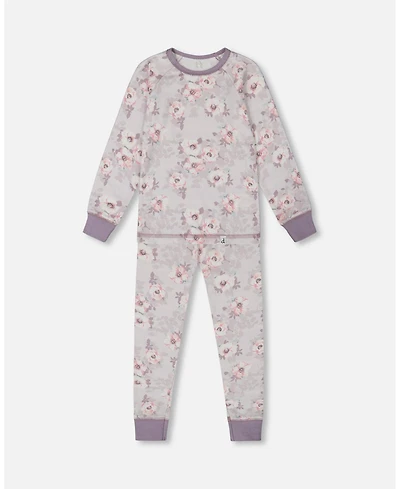 Deux par Deux Big Girls Printed Cotton Long Sleeve Top And Pant Pajama Set Pale Pink Flowers On Neutral Lilac