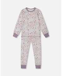 Deux par Deux Big Girls Printed Cotton Long Sleeve Top And Pant Pajama Set Pale Pink Flowers On Neutral Lilac