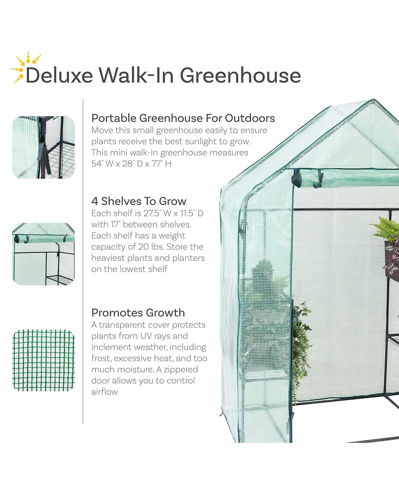 Outdoor Portable Tiered Growing Rack Deluxe Walk-In Greenhouse with Roll-Up Door - 4 Shelves - Green
