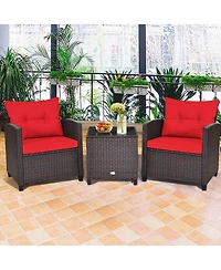 Gymax 3PCS Patio Outdoor Rattan Conversation Set w/ Cushion Coffee Table