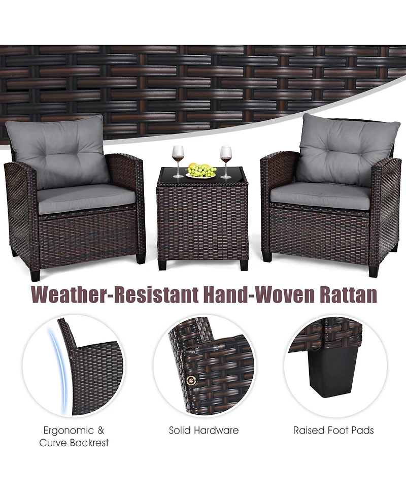 Gymax Set of 3 Rattan Furniture Patio Cushioned Conversation Sofa