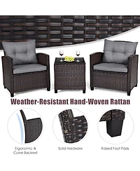 Gymax Set of 3 Rattan Furniture Patio Cushioned Conversation Sofa