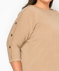 Coin 1804 Plus Size Textured Rib Button Shoulder 3/4 Sleeve Top