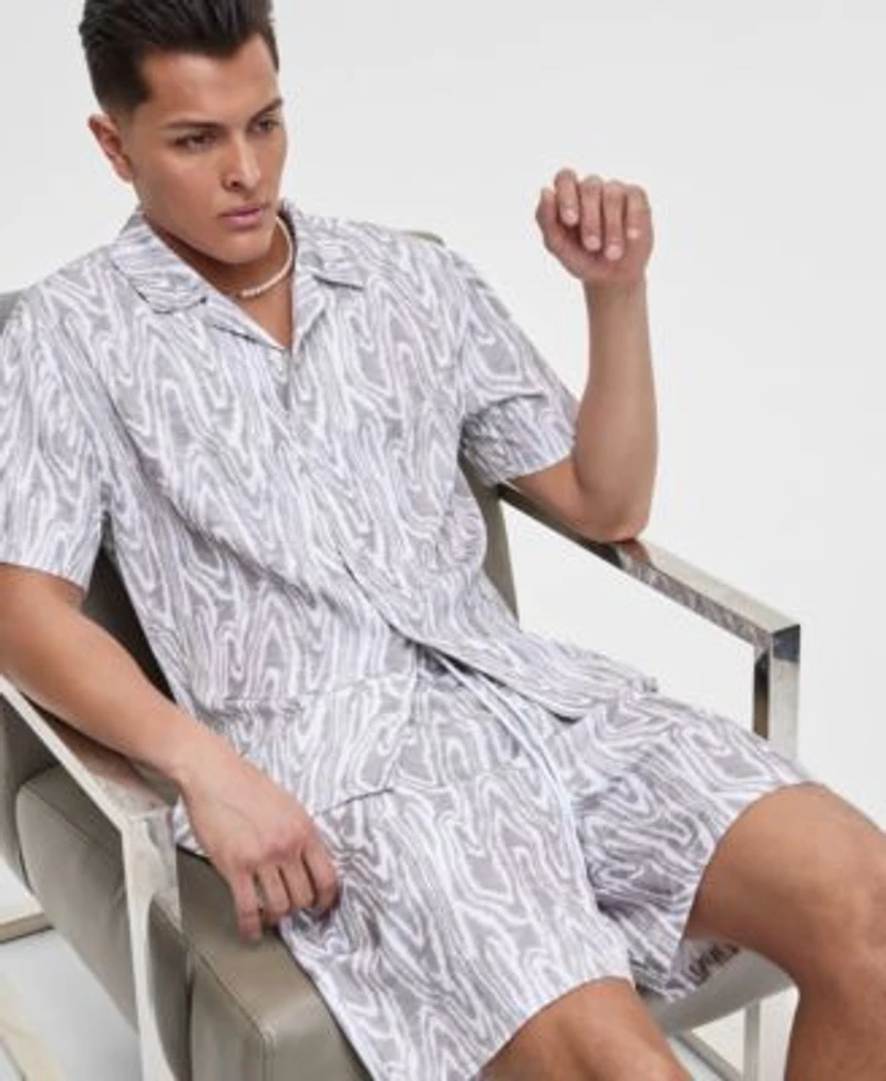 Mode Of One Mens Woodgrain Relaxed Fit Printed Button Down Shiny Twill Camp Shirt Relaxed Fit Printed 6 1 2 Shiny Twill Shorts Exclusively At Macys