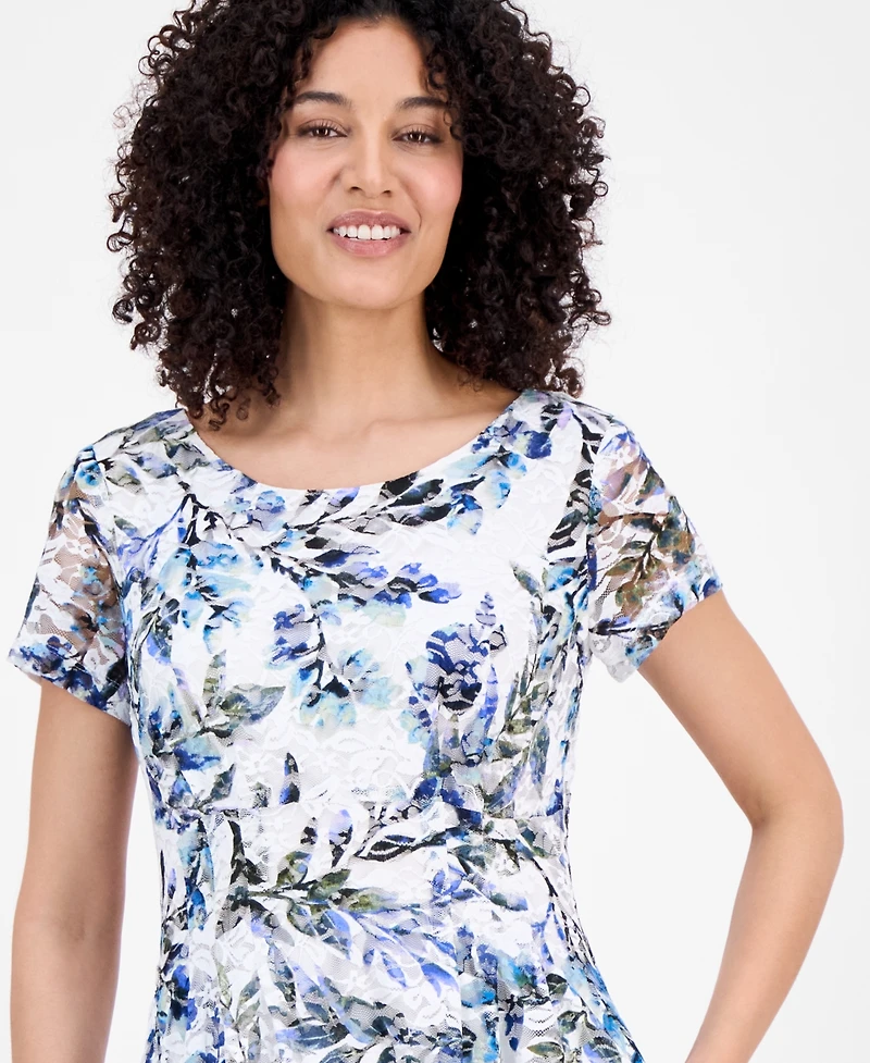 Connected Petite Printed Lace Short-Sleeve Fit & Flare Dress