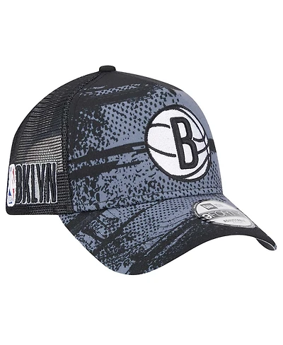 New Era Men's Black/Charcoal Brooklyn Nets Tip Off A-Frame Trucker 9FORTY Adjustable Hat